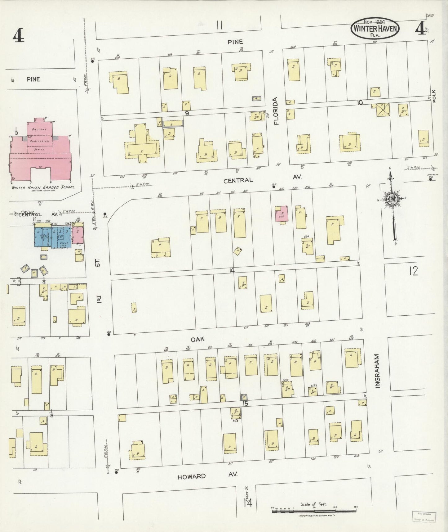 Sanborn Fire Insurance Map from Winter Haven, Polk County, Florida (1924), Sheet #0004 - Historic Sanborn Fire Insurance Map Print, vintage old map wall art, antique decor, genealogy gift, Florida Florida map