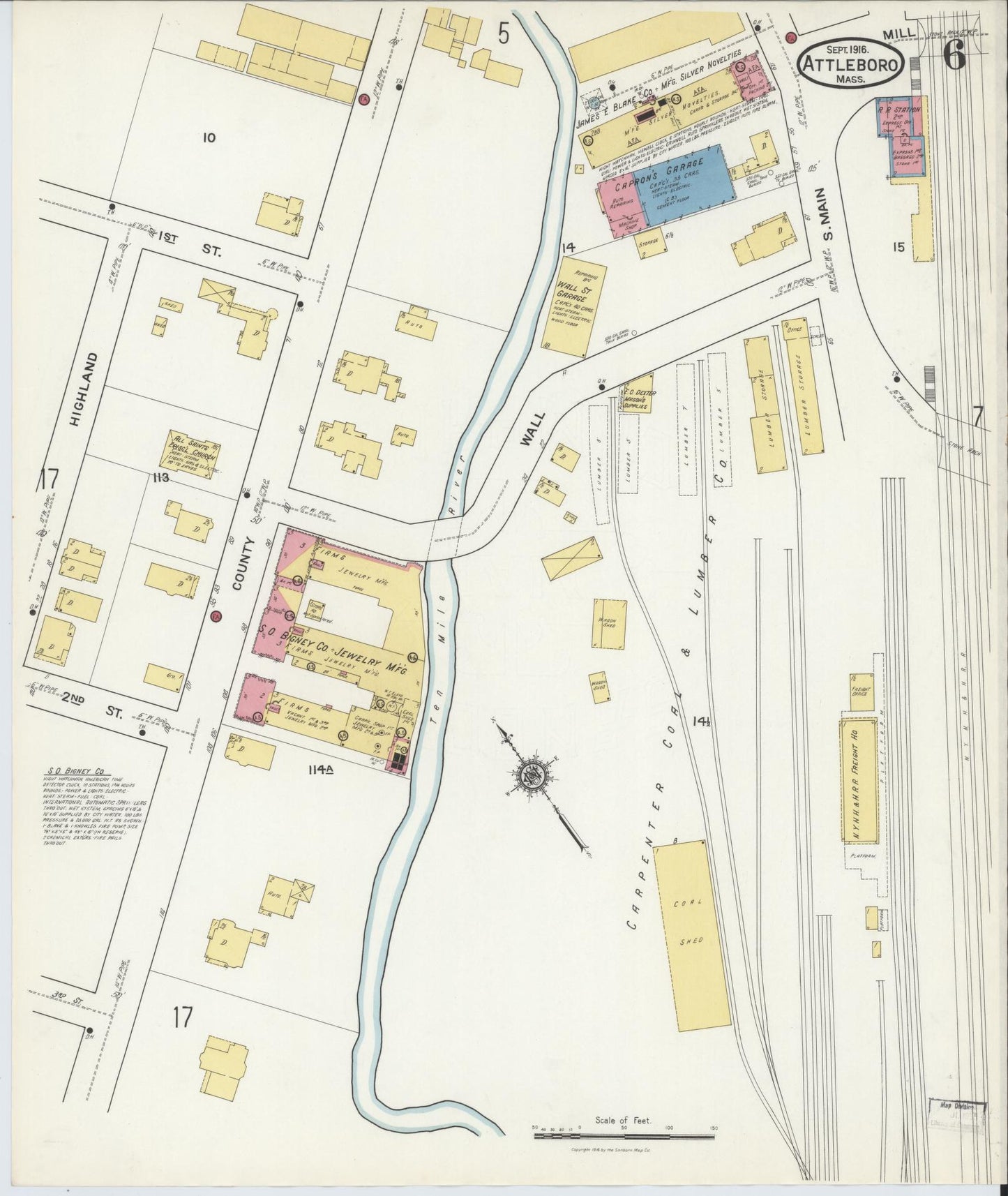 Sanborn Fire Insurance Map from Attleboro, Bristol County, Massachusetts (1916), Sheet #0006 - Complete Map Set gallery image, historic Sanborn map, vintage wall art, Massachusetts Massachusetts