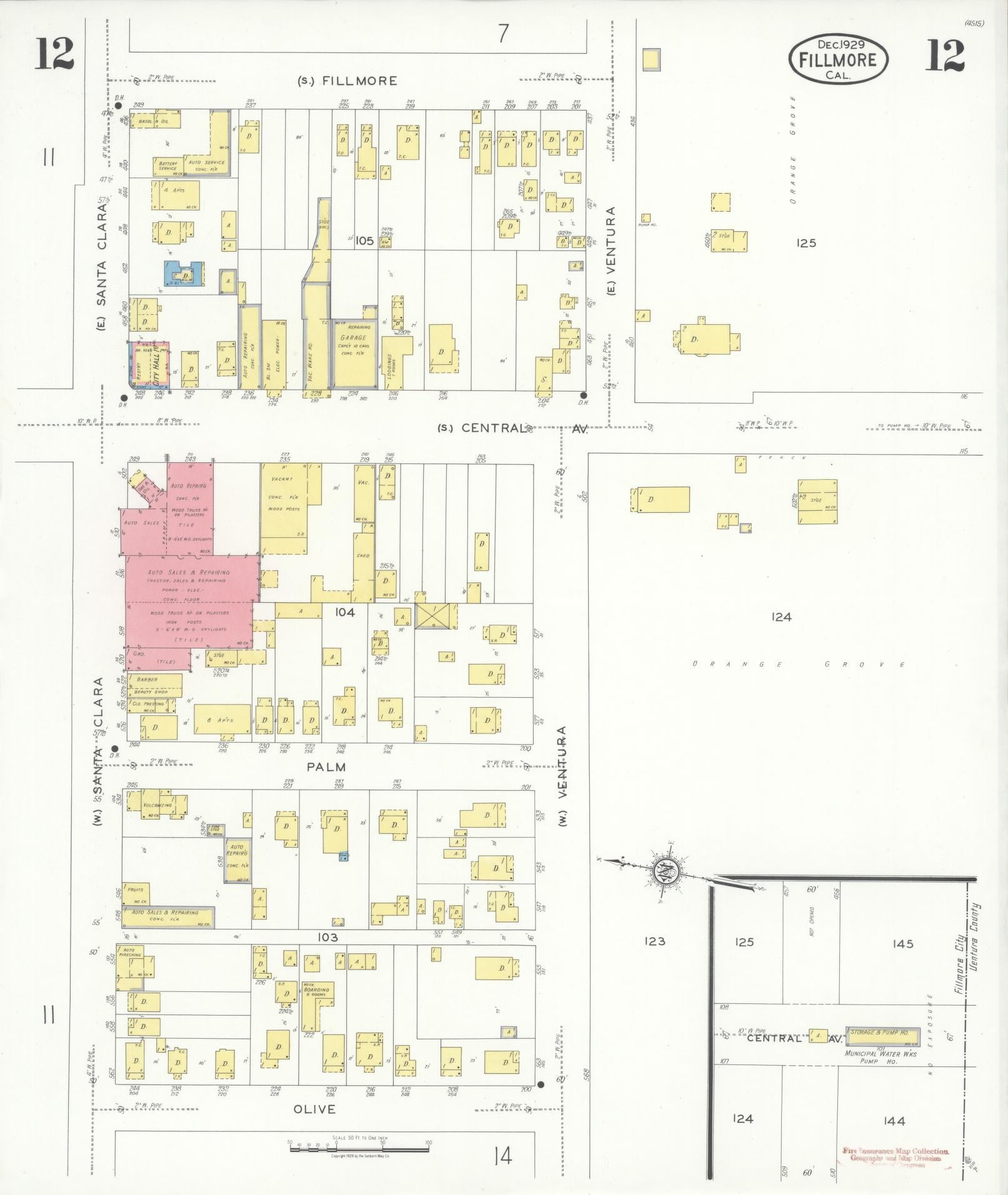 Sanborn Fire Insurance Map from Fillmore, Ventura County, California (1929), Sheet #0012 - Historic Sanborn Fire Insurance Map Print, vintage old map wall art, antique decor, genealogy gift, California California map