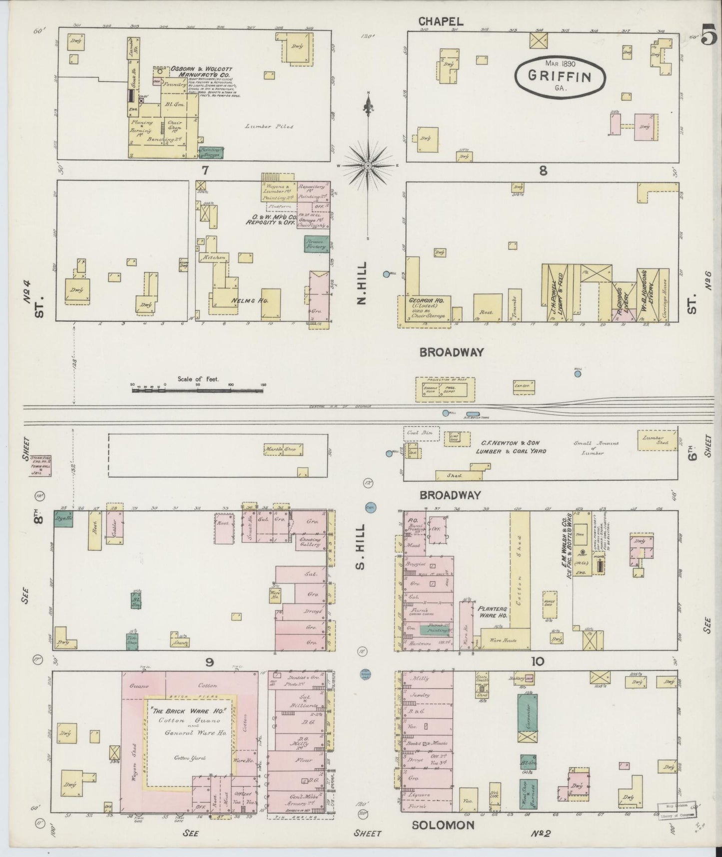 Sanborn Fire Insurance Map from Griffin, Spalding County, Georgia (1890), Sheet #0005 - Historic Sanborn Fire Insurance Map Print, vintage old map wall art, antique decor, genealogy gift, Georgia Georgia map