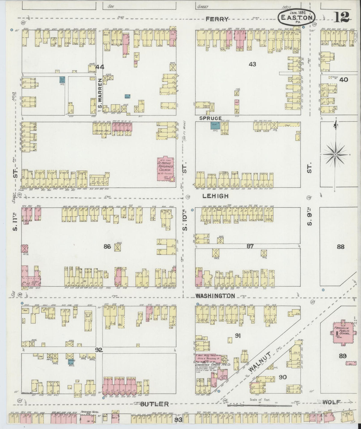 Sanborn Fire Insurance Map from Easton, Northampton County, Pennsylvania (1892), Sheet #0012 - Complete Map Set gallery image, historic Sanborn map, vintage wall art, Pennsylvania Pennsylvania