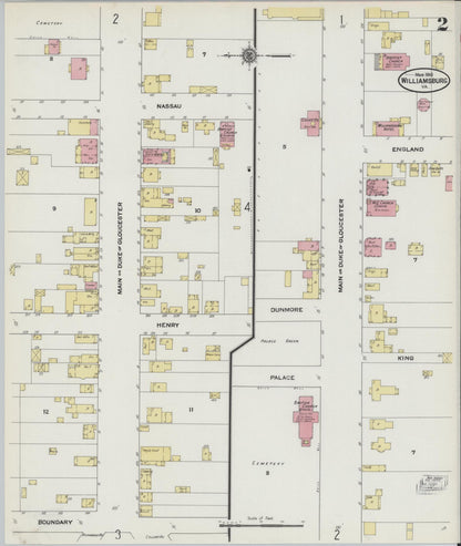 Sanborn Fire Insurance Map from Williamsburg, Independent Cities, Virginia (1910), Sheet #0002 - Historic Sanborn Fire Insurance Map Print, vintage old map wall art, antique decor, genealogy gift, Virginia Virginia map