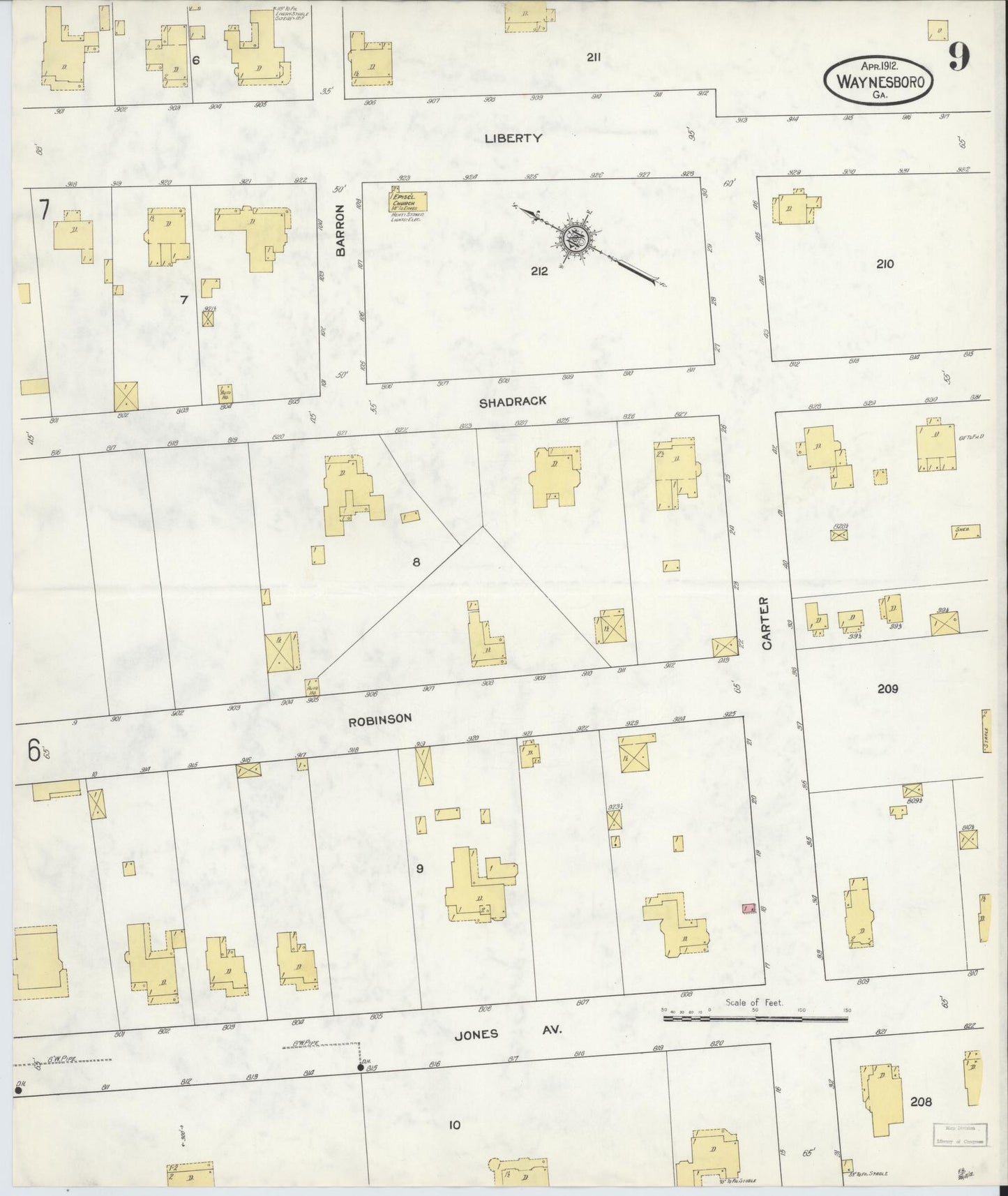 Sanborn Fire Insurance Map from Waynesboro, Burke County, Georgia (1912), Sheet #0009 - Historic Sanborn Fire Insurance Map Print, vintage old map wall art, antique decor, genealogy gift, Georgia Georgia map