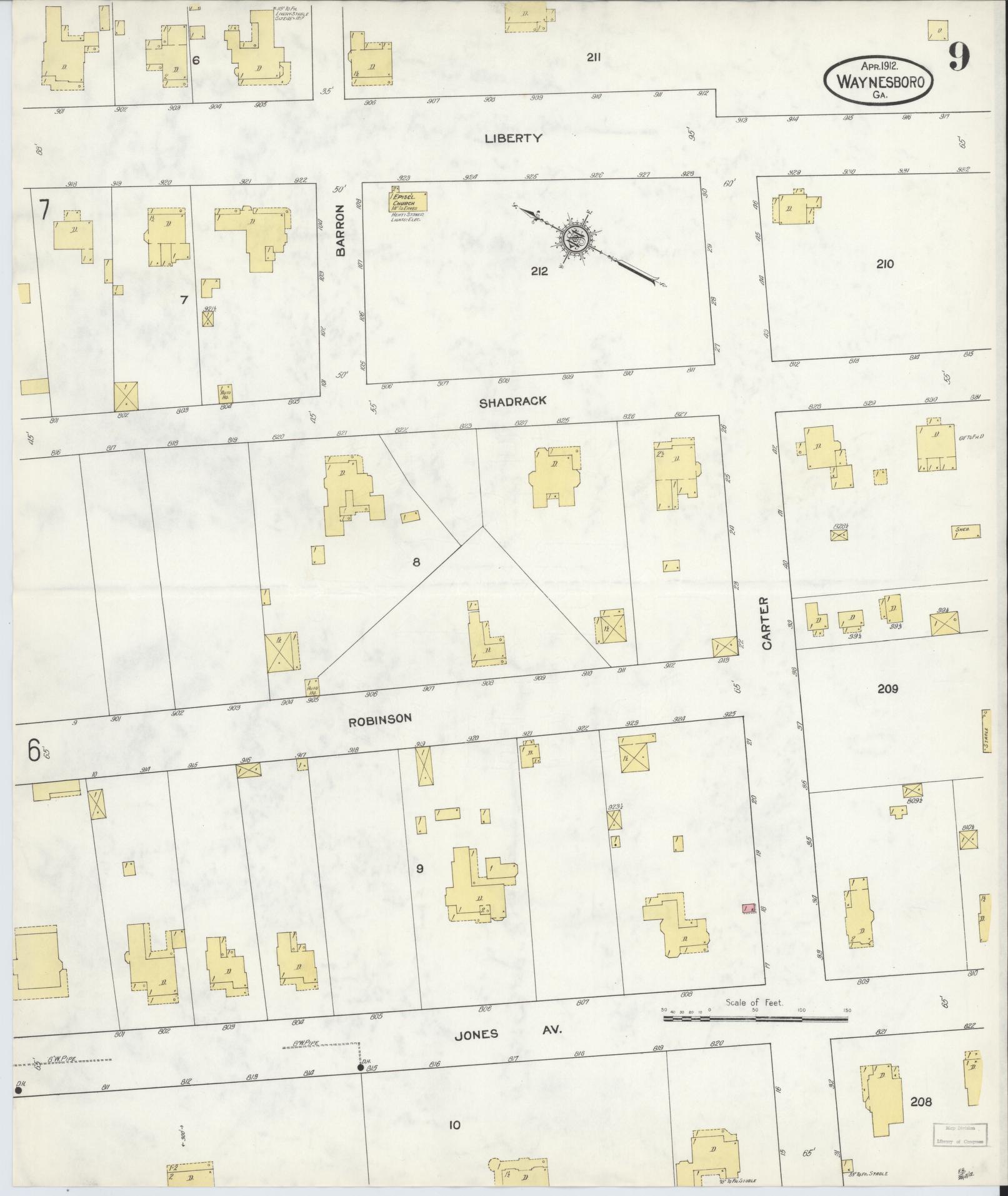 Sanborn Fire Insurance Map from Waynesboro, Burke County, Georgia (1912), Sheet #0009 - Historic Sanborn Fire Insurance Map Print, vintage old map wall art, antique decor, genealogy gift, Georgia Georgia map