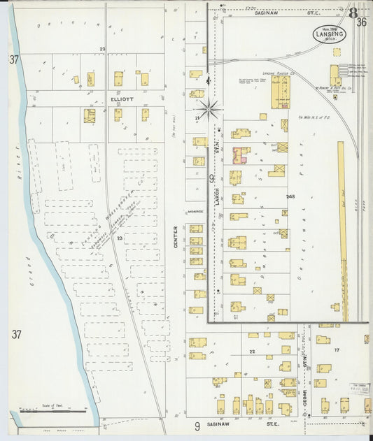 Sanborn Fire Insurance Map from Lansing, Ingham County, Michigan (1906), Sheet #0008 - Historic Sanborn Fire Insurance Map Print, vintage old map wall art, antique decor, genealogy gift, Michigan Michigan map