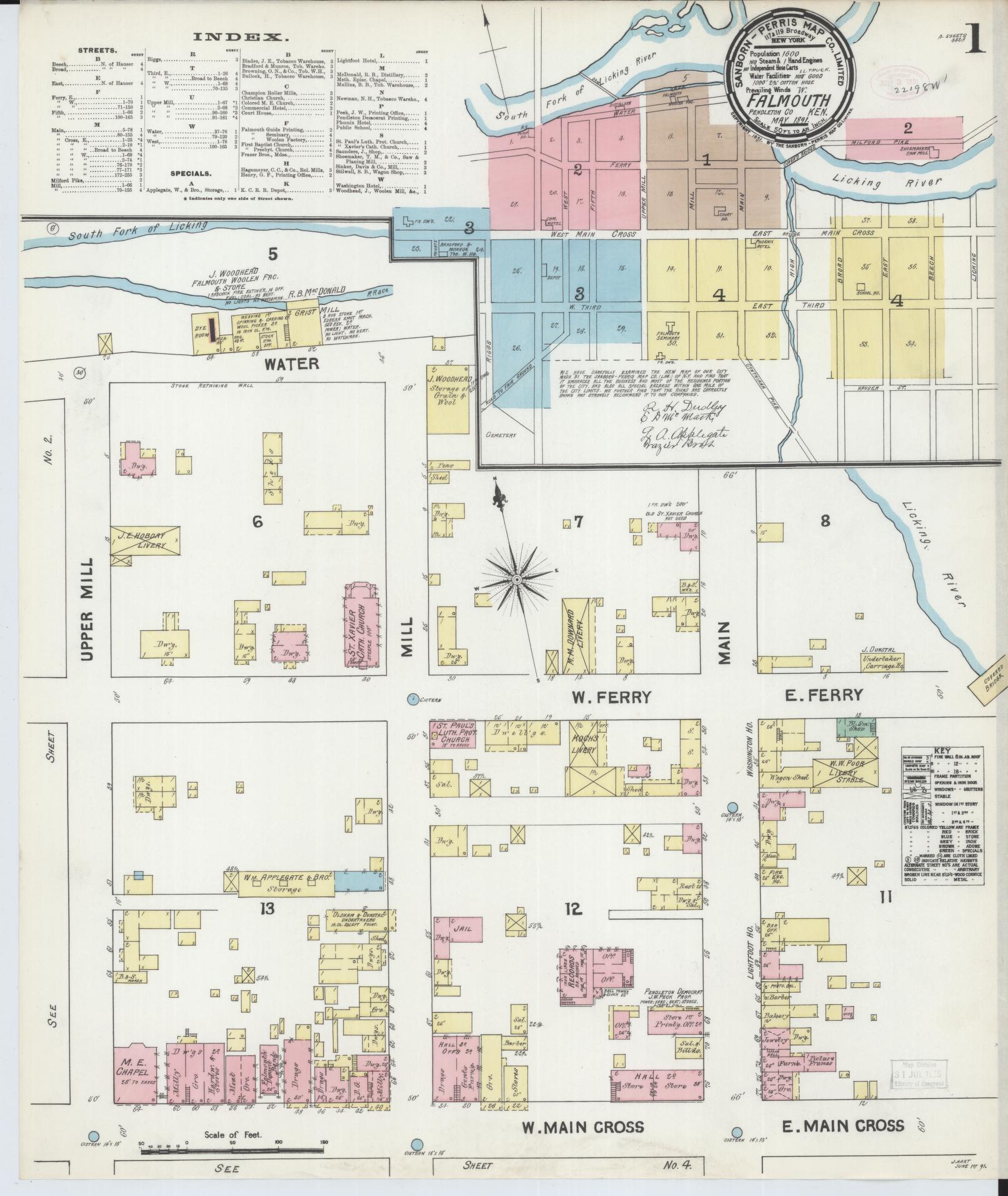 Sanborn Fire Insurance Map from Falmouth, Pendleton County, Kentucky (1891), Sheet #0001 - Historic Sanborn Fire Insurance Map Print, vintage old map wall art, antique decor, genealogy gift, Kentucky Kentucky map