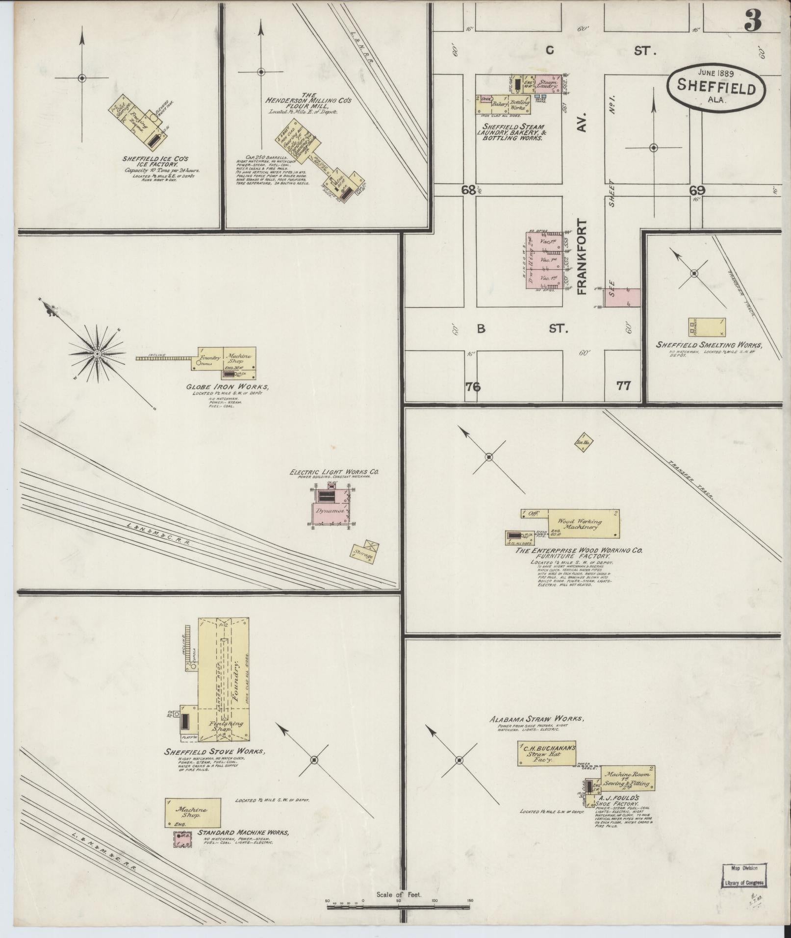 Sanborn Fire Insurance Map from Sheffield, Colbert County, Alabama (1889), Sheet #0003 - Complete Map Set gallery image, historic Sanborn map, vintage wall art, Alabama Alabama