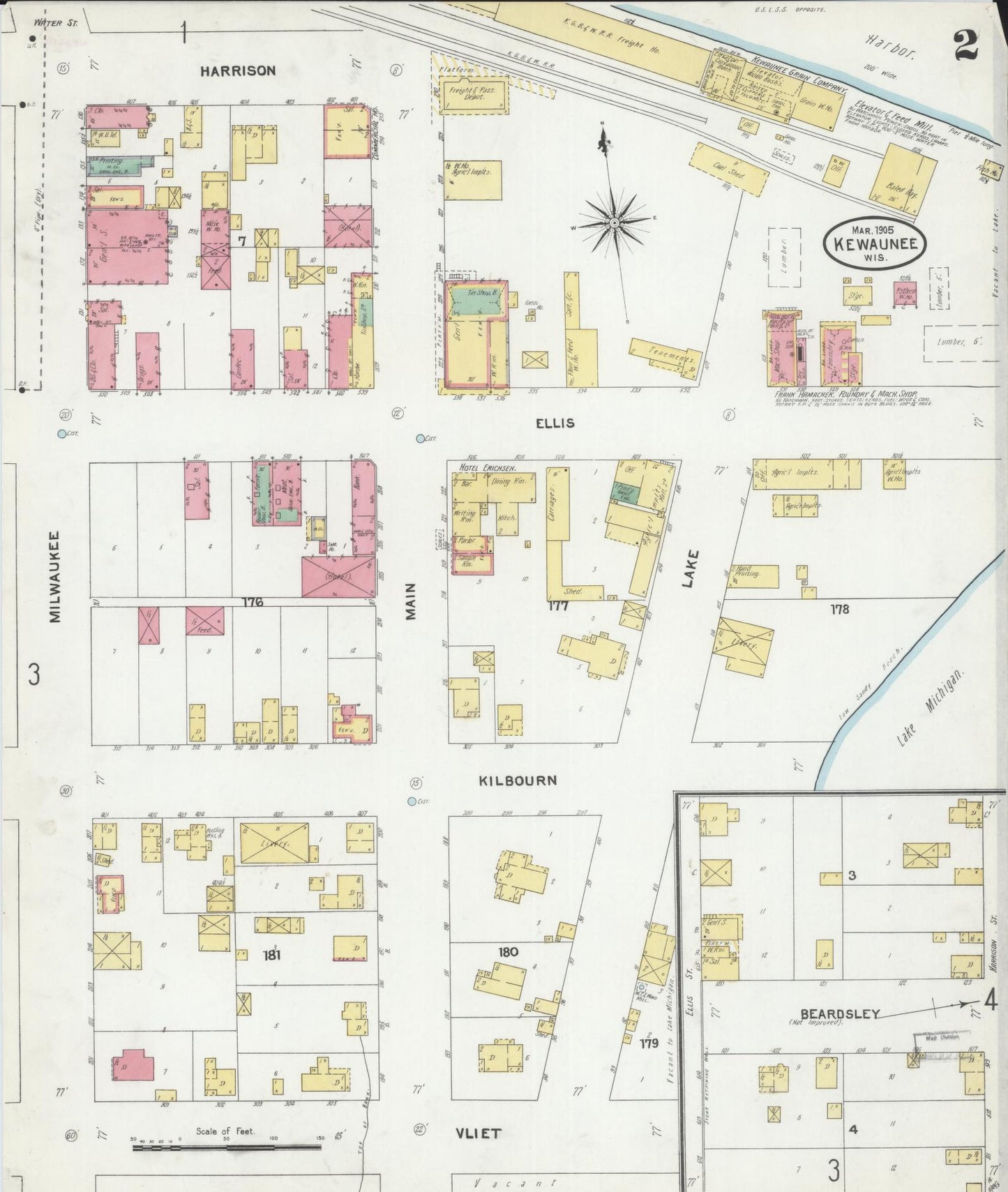 Sanborn Fire Insurance Map from Kewaunee, Kewaunee County, Wisconsin (1905), Sheet #0002 - Complete Map Set gallery image, historic Sanborn map, vintage wall art, Wisconsin Wisconsin