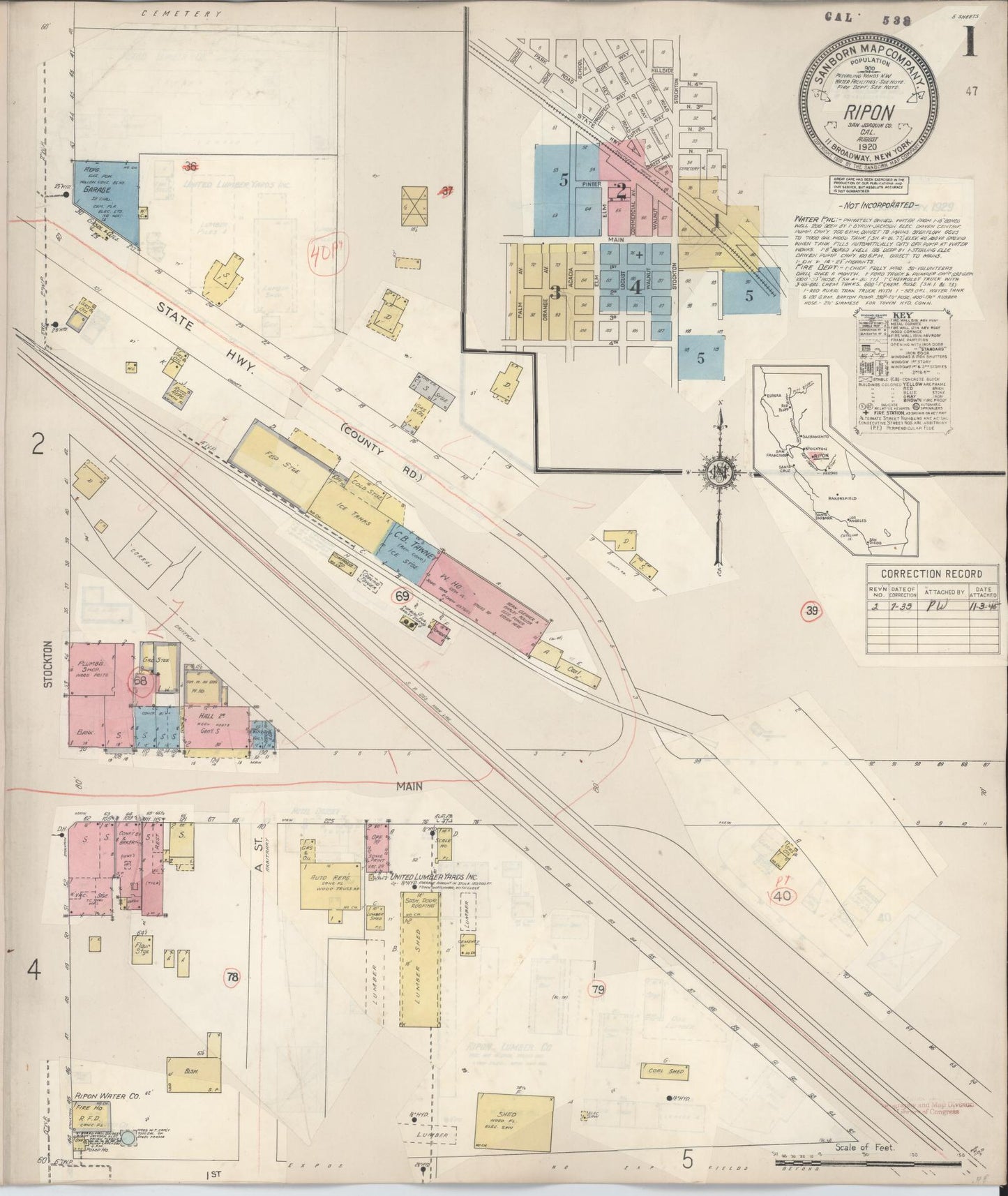 Sanborn Fire Insurance Map from Ripon, San Joaquin County, California (1933), Sheet #0001 - Complete Map Set gallery image, historic Sanborn map, vintage wall art, California California