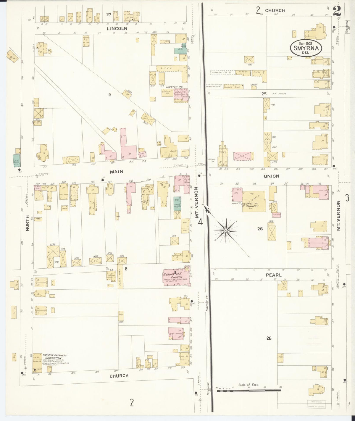 Sanborn Fire Insurance Map from Smyrna, Kent County, Delaware (1908), Sheet #0002 - Historic Sanborn Fire Insurance Map Print, vintage old map wall art, antique decor, genealogy gift, Delaware Delaware map