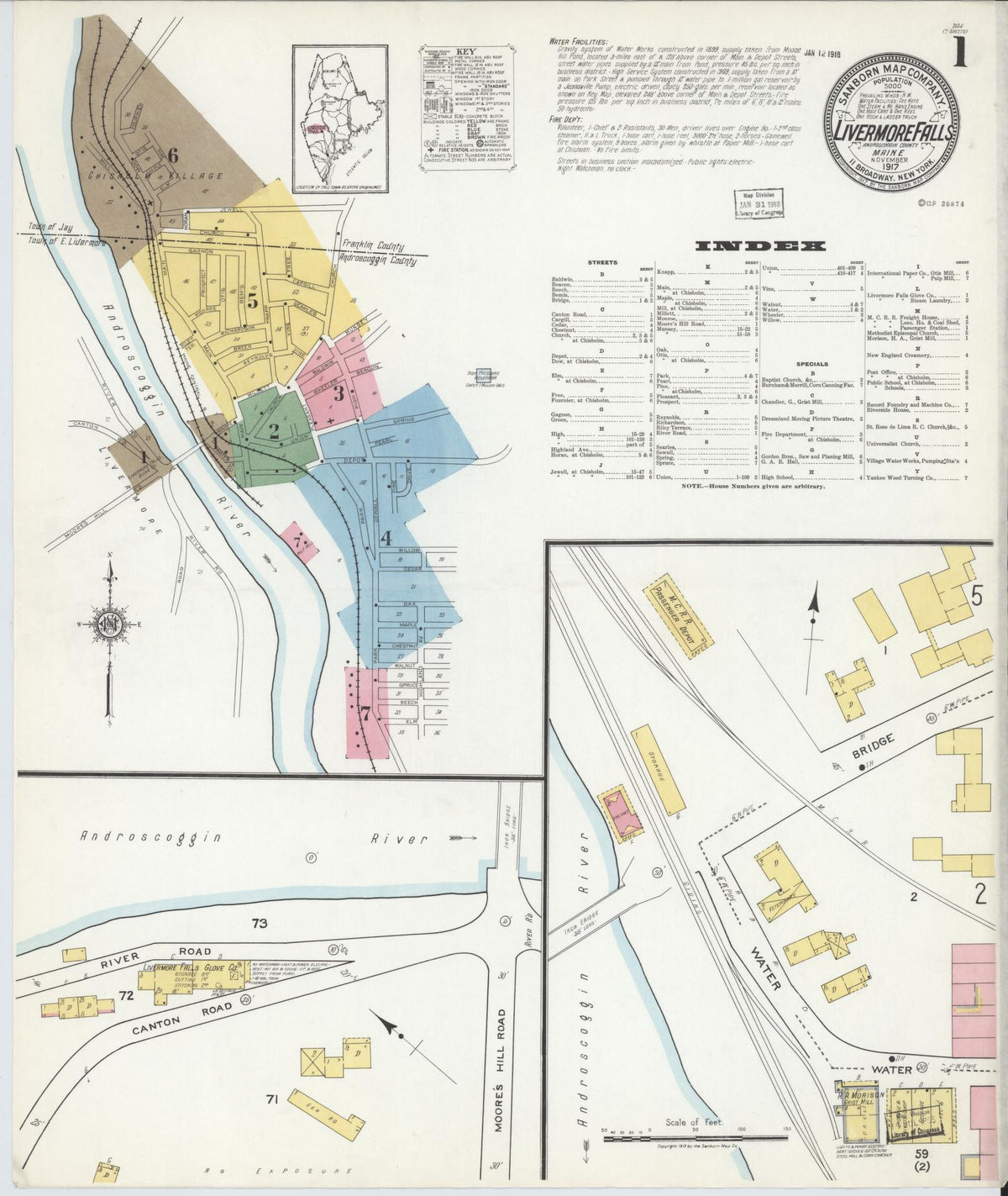 Sanborn Fire Insurance Map from Livermore Falls, Androscoggin County, Maine (1917), Sheet #0001 - Complete Map Set gallery image, historic Sanborn map, vintage wall art, Maine Maine