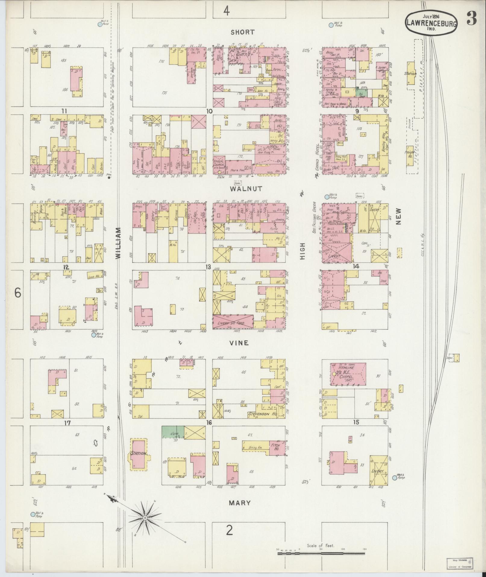 Sanborn Fire Insurance Map from Lawrenceburg, Dearborn County, Indiana (1896), Sheet #0003 - Complete Map Set gallery image, historic Sanborn map, vintage wall art, Indiana Indiana