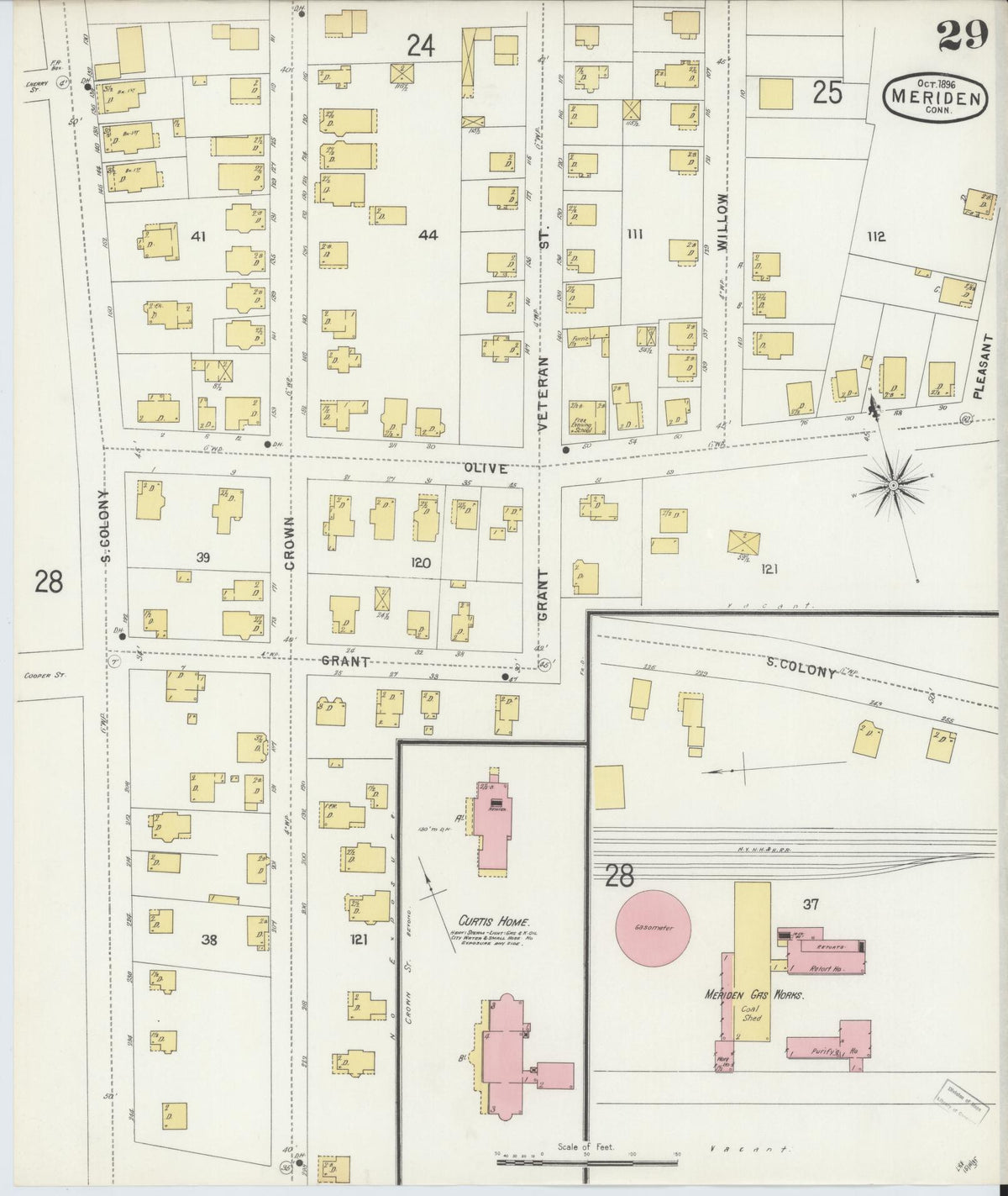Sanborn Fire Insurance Map from Meriden, New Haven County, Connecticut (1896), Sheet #0029 - Historic Sanborn Fire Insurance Map Print, vintage old map wall art, antique decor, genealogy gift, Connecticut Connecticut map