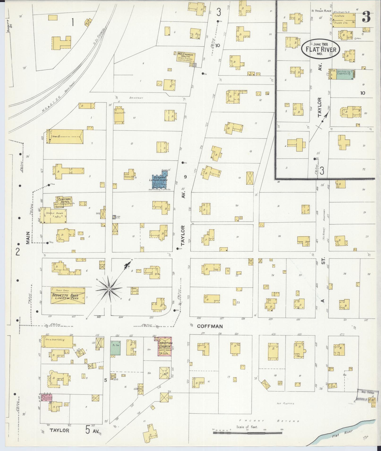 Sanborn Fire Insurance Map from Flat River, Saint Francois County, Missouri (1908), Sheet #0003 - Complete Map Set gallery image, historic Sanborn map, vintage wall art, Missouri Missouri
