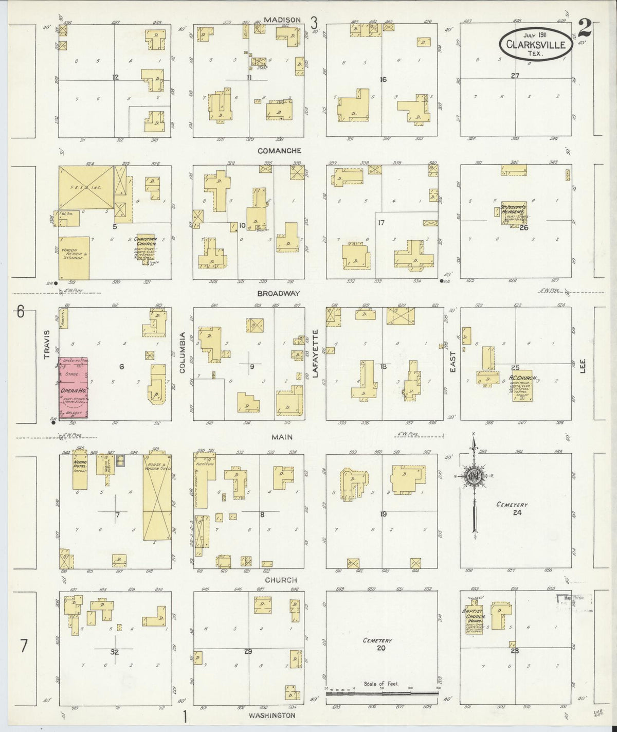 Sanborn Fire Insurance Map from Clarksville, Red River County, Texas (1911), Sheet #0002 - Complete Map Set gallery image, historic Sanborn map, vintage wall art, Texas Texas