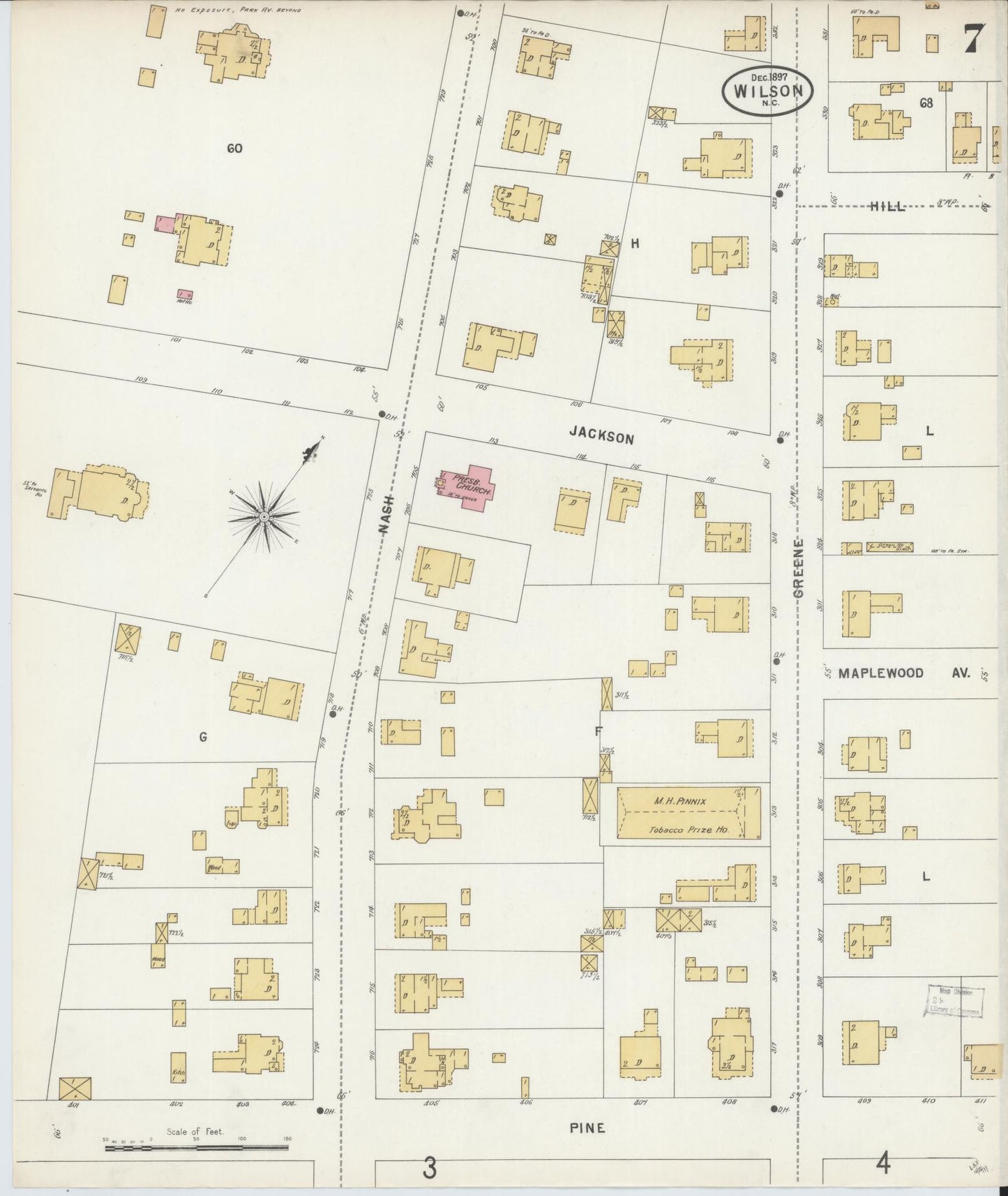 Sanborn Fire Insurance Map from Wilson, Wilson County, North Carolina (1897), Sheet #0007 - Historic Sanborn Fire Insurance Map Print, vintage old map wall art, antique decor, genealogy gift, North Carolina North Carolina map