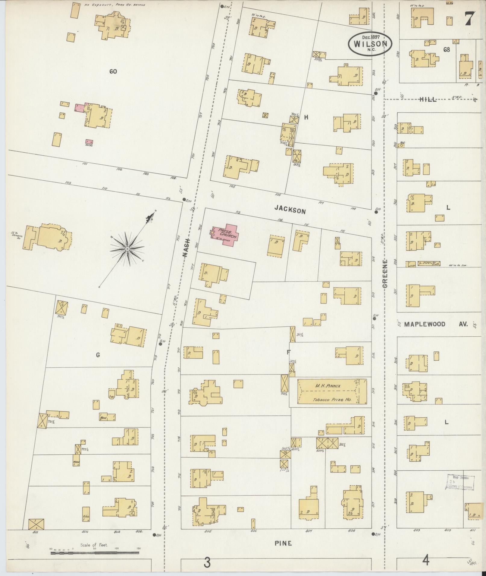 Sanborn Fire Insurance Map from Wilson, Wilson County, North Carolina (1897), Sheet #0007 - Historic Sanborn Fire Insurance Map Print, vintage old map wall art, antique decor, genealogy gift, North Carolina North Carolina map