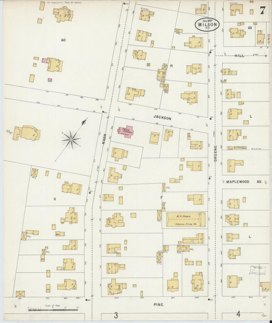 Sanborn Fire Insurance Map from Wilson, Wilson County, North Carolina (1897), Sheet #0007 - Historic Sanborn Fire Insurance Map Print, vintage old map wall art, antique decor, genealogy gift, North Carolina North Carolina map
