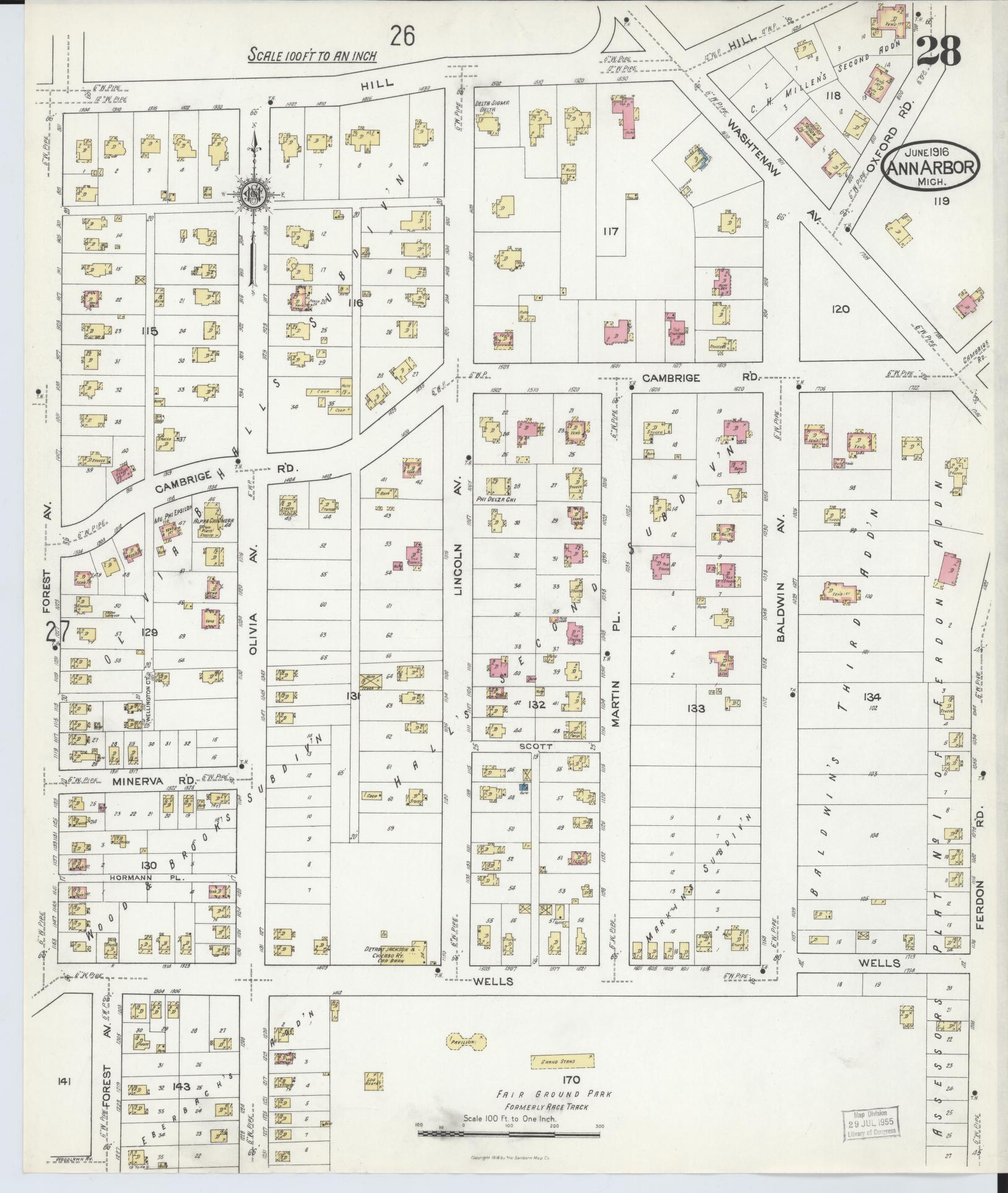 Sanborn Fire Insurance Map from Ann Arbor, Washtenaw County, Michigan (1916), Sheet #0028 - Complete Map Set gallery image, historic Sanborn map, vintage wall art, Michigan Michigan