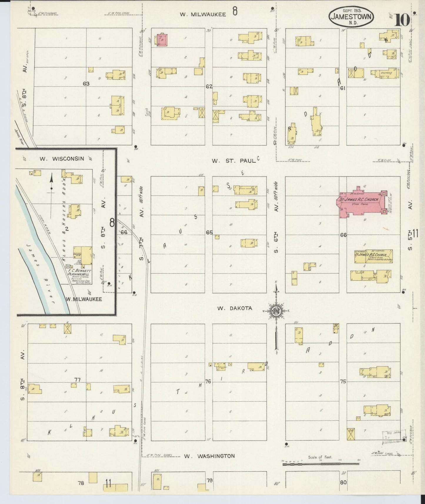 Sanborn Fire Insurance Map from Jamestown, Stutsman County, North Dakota (1913), Sheet #0010 - Historic Sanborn Fire Insurance Map Print, vintage old map wall art, antique decor, genealogy gift, North Dakota North Dakota map