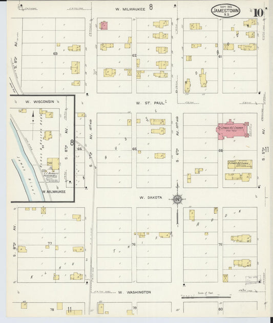 Sanborn Fire Insurance Map from Jamestown, Stutsman County, North Dakota (1913), Sheet #0010 - Historic Sanborn Fire Insurance Map Print, vintage old map wall art, antique decor, genealogy gift, North Dakota North Dakota map