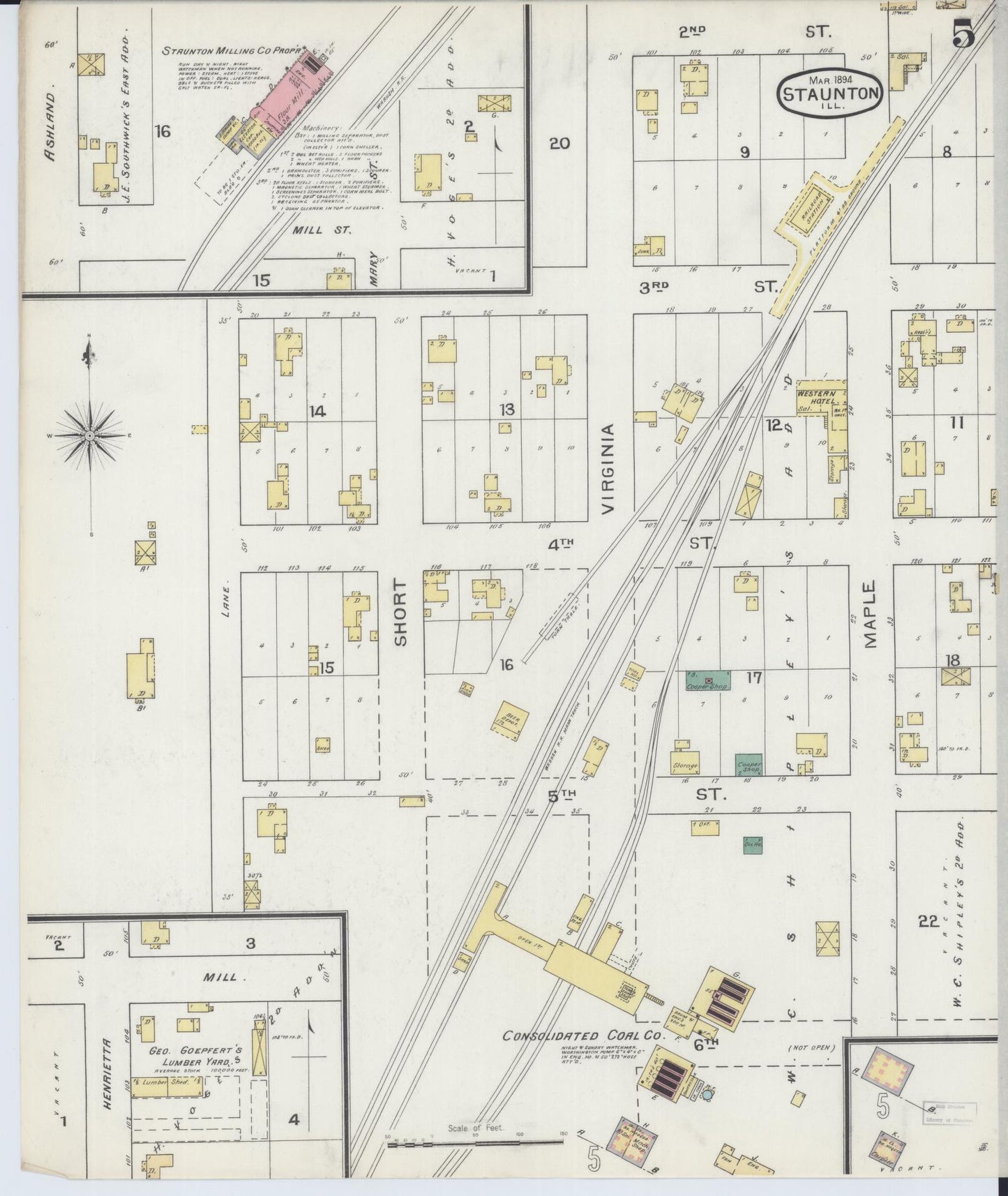 Sanborn Fire Insurance Map from Staunton, Macoupin County, Illinois (1894), Sheet #0005 - Historic Sanborn Fire Insurance Map Print, vintage old map wall art, antique decor, genealogy gift, Illinois Illinois map