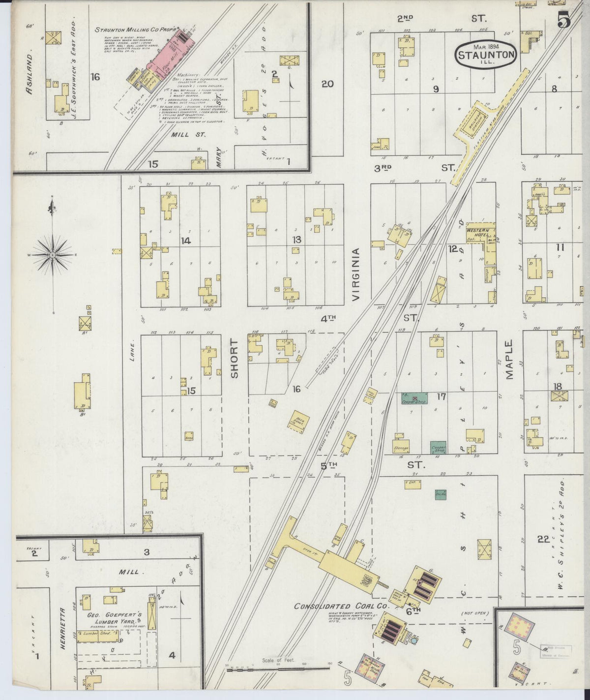 Sanborn Fire Insurance Map from Staunton, Macoupin County, Illinois (1894), Sheet #0005 - Historic Sanborn Fire Insurance Map Print, vintage old map wall art, antique decor, genealogy gift, Illinois Illinois map