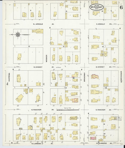 Sanborn Fire Insurance Map from Mount Pleasant, Isabella County, Michigan (1910), Sheet #0006 - Complete Map Set gallery image, historic Sanborn map, vintage wall art, Michigan Michigan