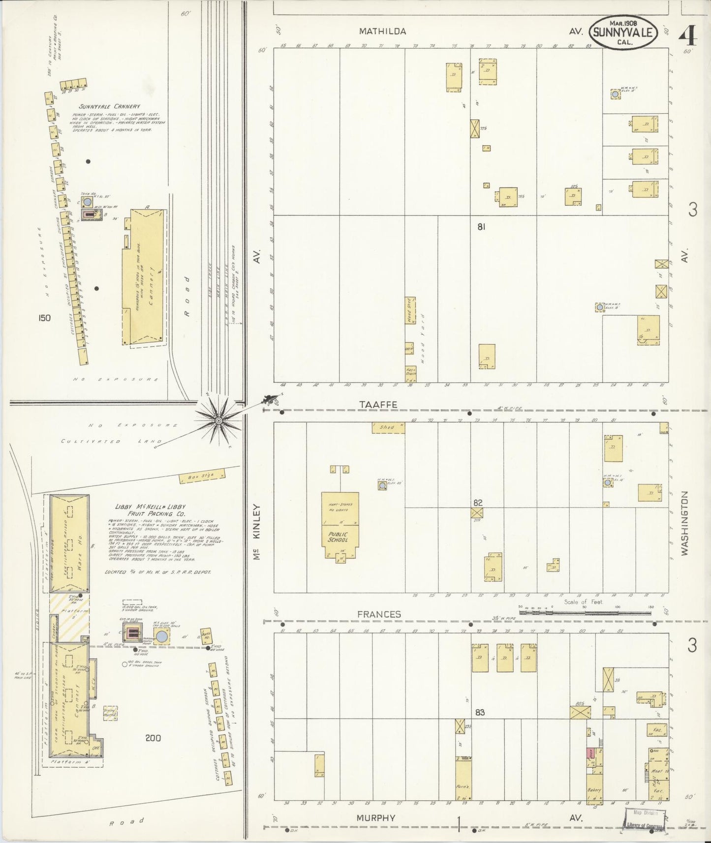 Sanborn Fire Insurance Map from Sunnyvale, Santa Clara County, California (1908), Sheet #0004 - Complete Map Set gallery image, historic Sanborn map, vintage wall art, California California
