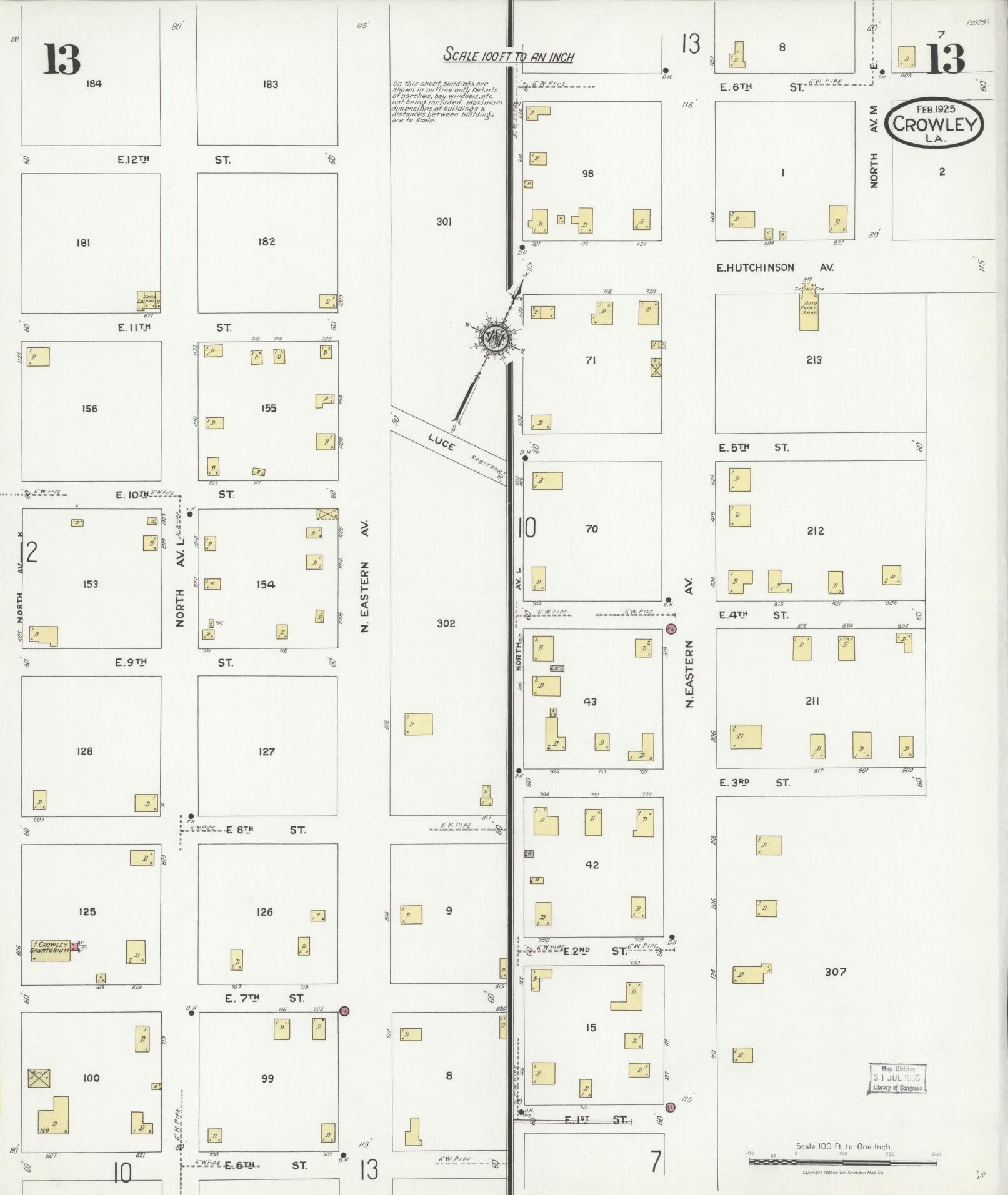 Sanborn Fire Insurance Map from Crowley, Acadia Parish, Louisiana (1925), Sheet #0013 - Historic Sanborn Fire Insurance Map Print, vintage old map wall art, antique decor, genealogy gift, Louisiana Louisiana map