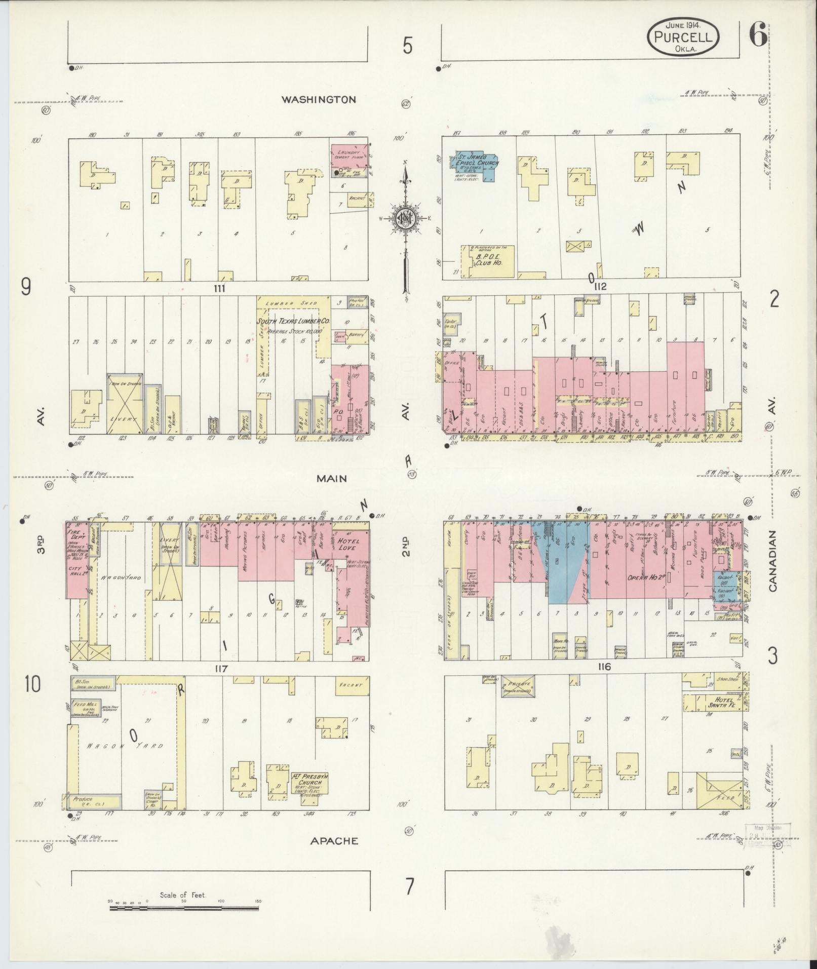 Sanborn Fire Insurance Map from Purcell, McClain County, Oklahoma (1914), Sheet #0006 - Historic Sanborn Fire Insurance Map Print, vintage old map wall art, antique decor, genealogy gift, Oklahoma Oklahoma map
