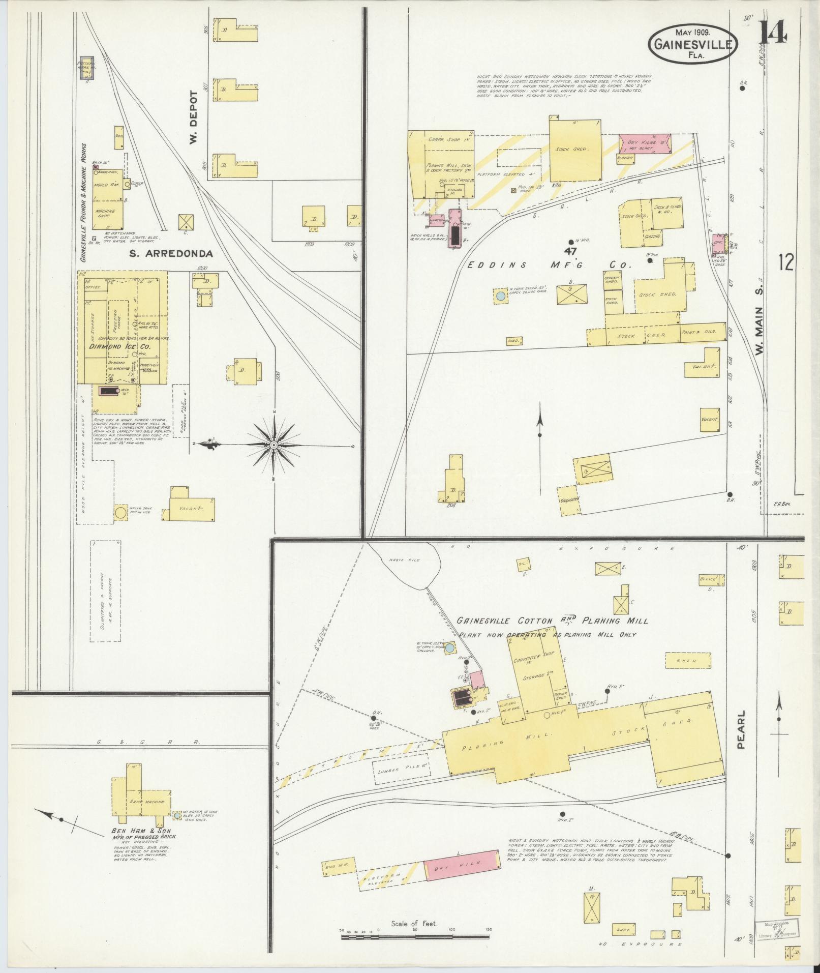 Sanborn Fire Insurance Map from Gainesville, Alachua County, Florida (1909), Sheet #0014 - Complete Map Set gallery image, historic Sanborn map, vintage wall art, Florida Florida