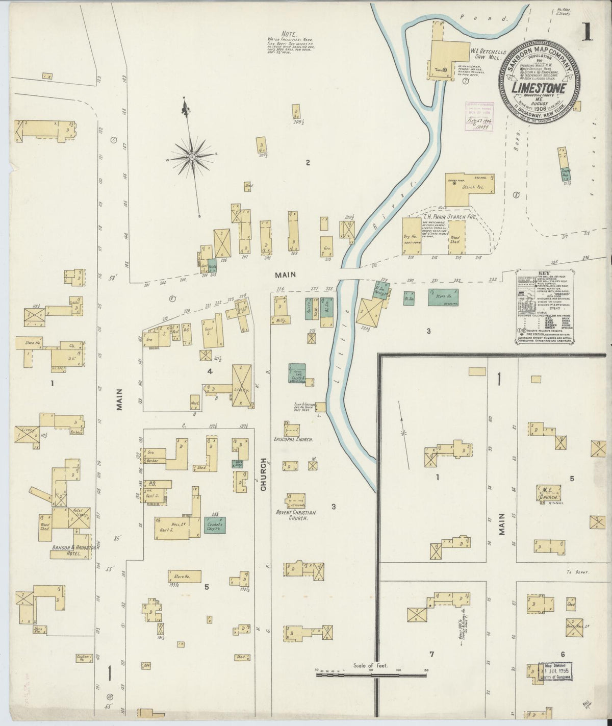 Sanborn Fire Insurance Map from Limestone, Aroostook County, Maine (1908), Sheet #0001 - Complete Map Set gallery image, historic Sanborn map, vintage wall art, Maine Maine