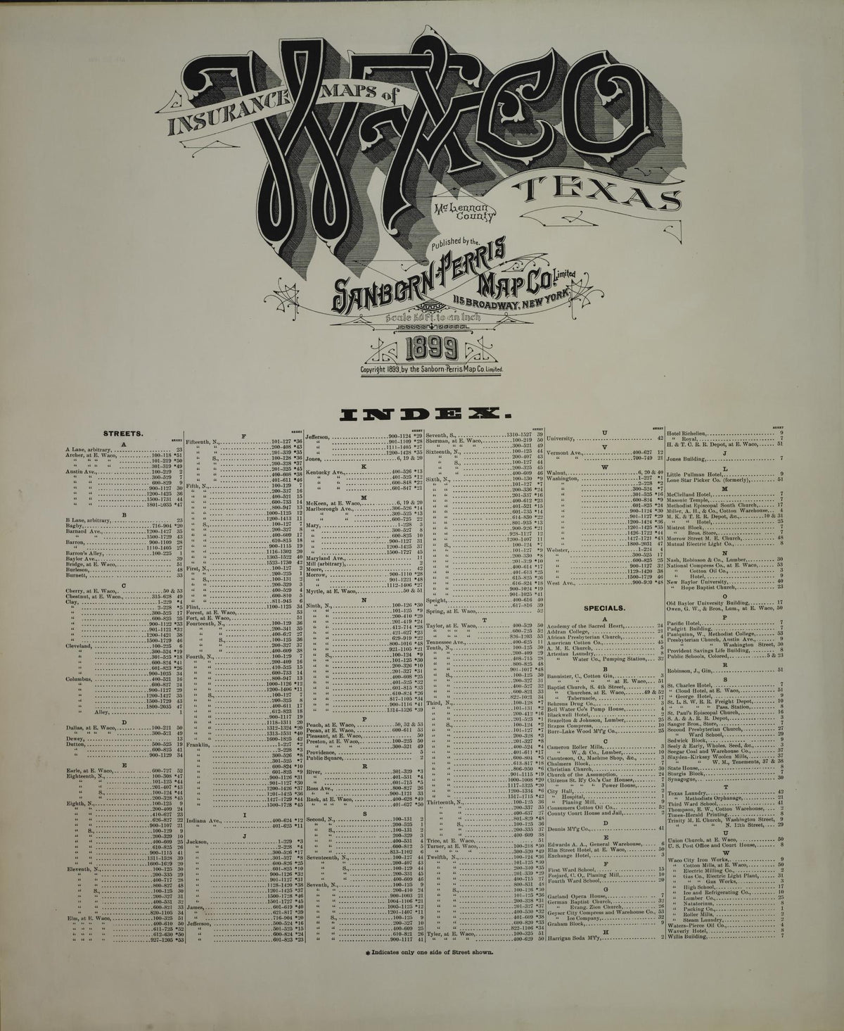 Sanborn Fire Insurance Map from Waco, McLennan County, Texas (1899), Sheet #0001 - Historic Sanborn Fire Insurance Map Print, vintage old map wall art, antique decor, genealogy gift, Texas Texas map