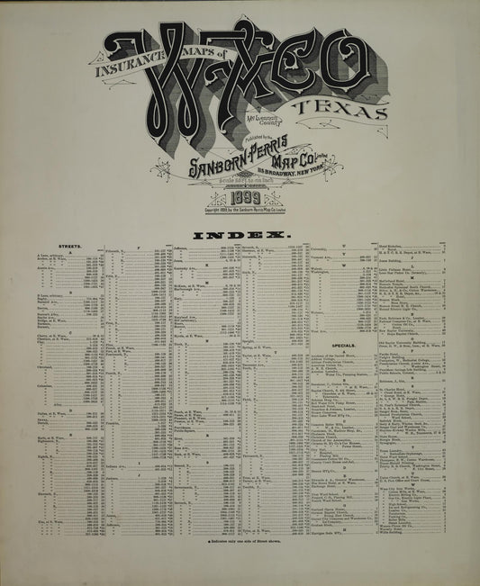 Sanborn Fire Insurance Map from Waco, McLennan County, Texas (1899), Sheet #0001 - Historic Sanborn Fire Insurance Map Print, vintage old map wall art, antique decor, genealogy gift, Texas Texas map