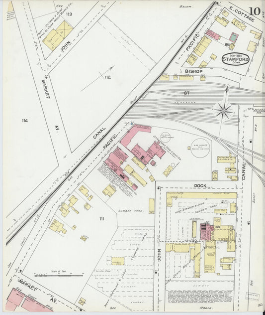 Sanborn Fire Insurance Map from Stamford, Fairfield County, Connecticut (1892), Sheet #0010 - Historic Sanborn Fire Insurance Map Print, vintage old map wall art, antique decor, genealogy gift, Connecticut Connecticut map