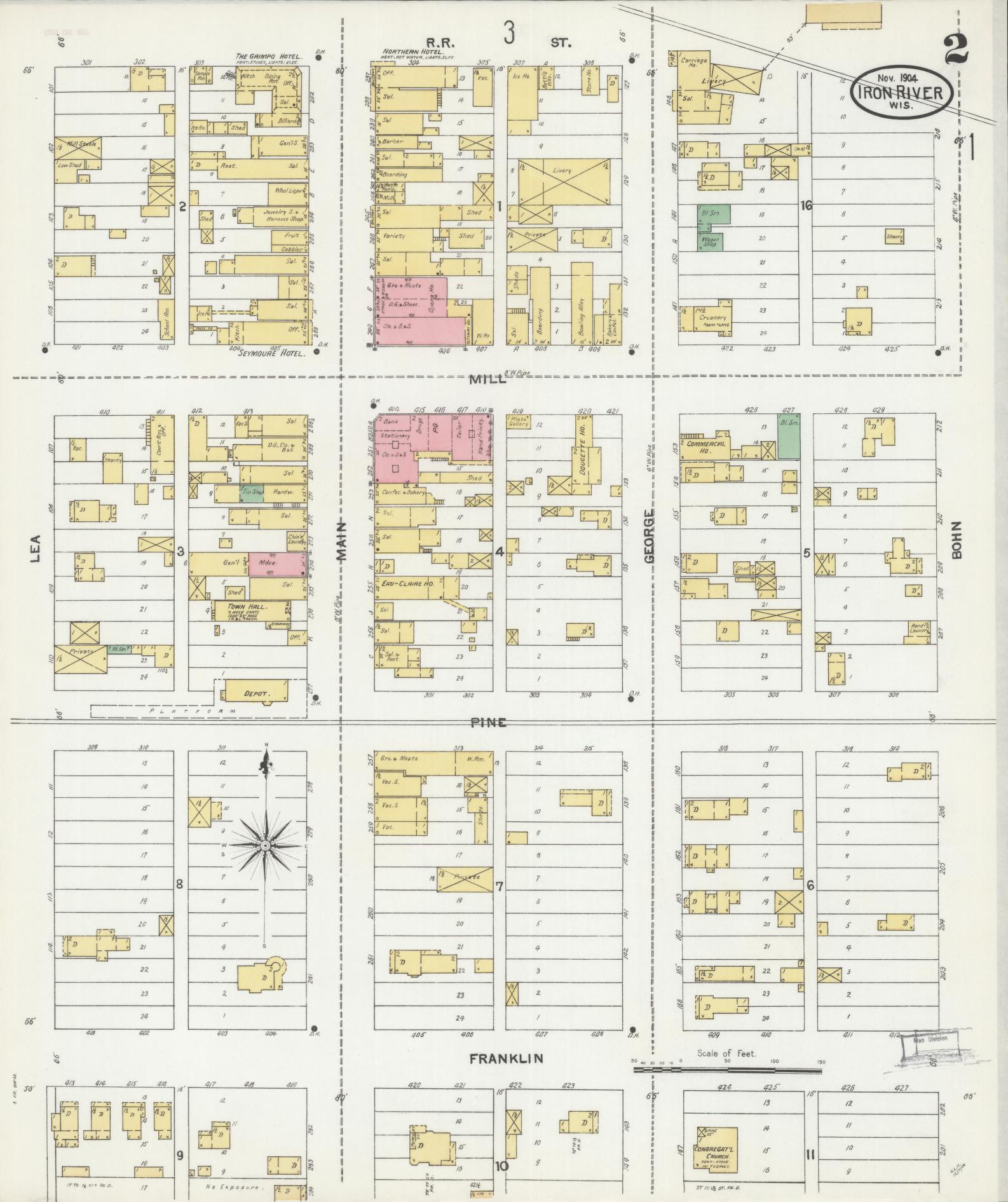 Sanborn Fire Insurance Map from Iron River, Bayfield County, Wisconsin (1904), Sheet #0002 - Complete Map Set gallery image, historic Sanborn map, vintage wall art, Wisconsin Wisconsin