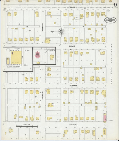 Sanborn Fire Insurance Map from Jonesboro, Craighead County, Arkansas (1901), Sheet #0009 - Complete Map Set gallery image, historic Sanborn map, vintage wall art, Arkansas Arkansas