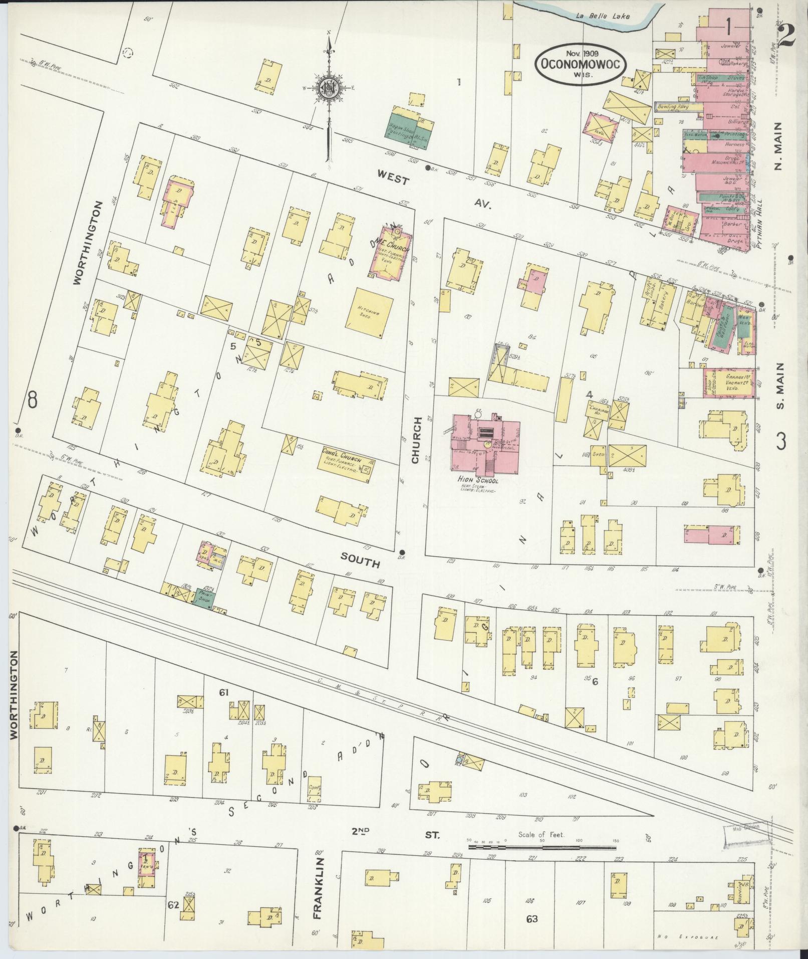 Sanborn Fire Insurance Map from Oconomowoc, Waukesha County, Wisconsin (1909), Sheet #0002 - Historic Sanborn Fire Insurance Map Print, vintage old map wall art, antique decor, genealogy gift, Wisconsin Wisconsin map
