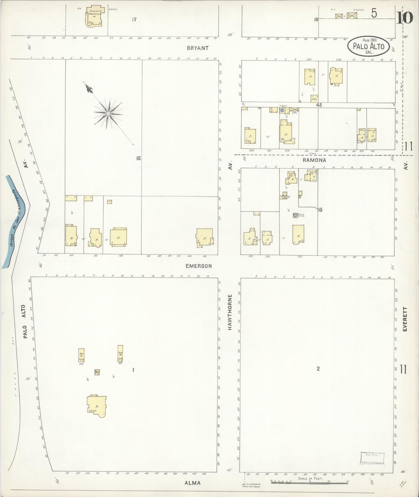Sanborn Fire Insurance Map from Palo Alto, Santa Clara County, California (1901), Sheet #0010 - Complete Map Set gallery image, historic Sanborn map, vintage wall art, California California