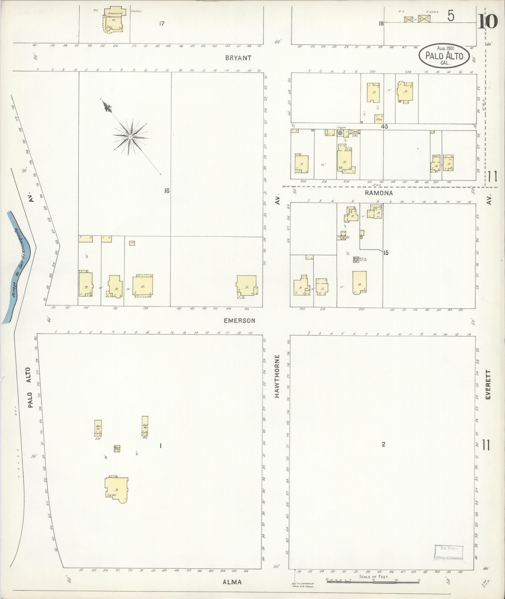 Sanborn Fire Insurance Map from Palo Alto, Santa Clara County, California (1901), Sheet #0010 - Complete Map Set gallery image, historic Sanborn map, vintage wall art, California California