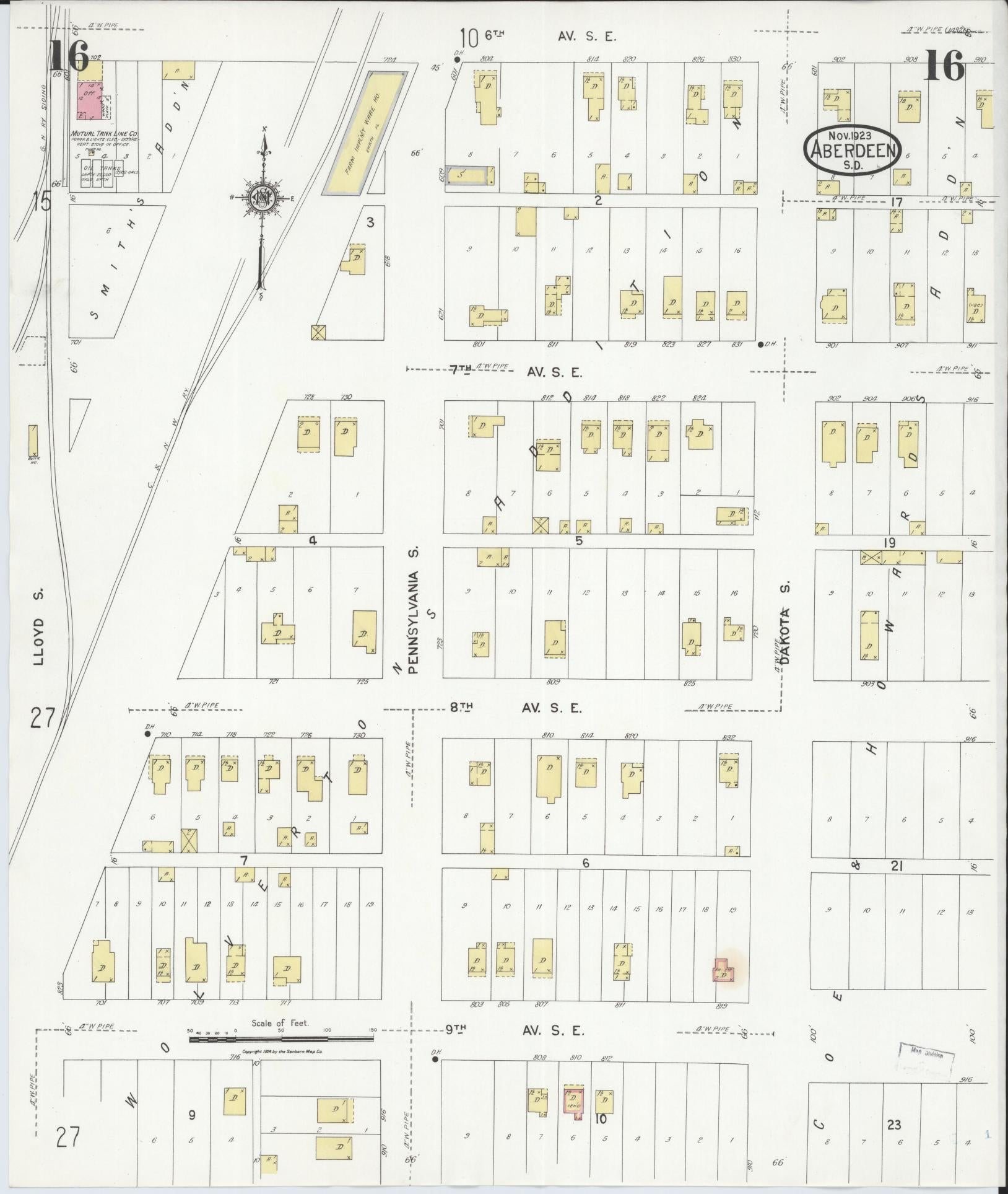 Sanborn Fire Insurance Map from Aberdeen, Brown County, South Dakota (1923), Sheet #0016 - Complete Map Set gallery image, historic Sanborn map, vintage wall art, South Dakota South Dakota