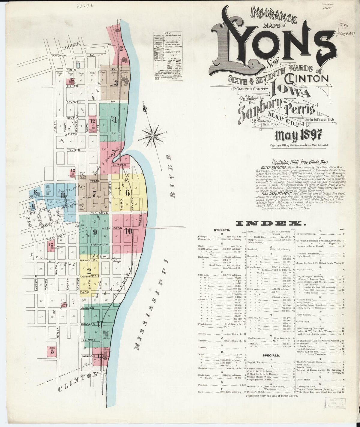 Sanborn Fire Insurance Map from Lyons, Clinton County, Iowa (1897), Sheet #0001 - Historic Sanborn Fire Insurance Map Print, vintage old map wall art