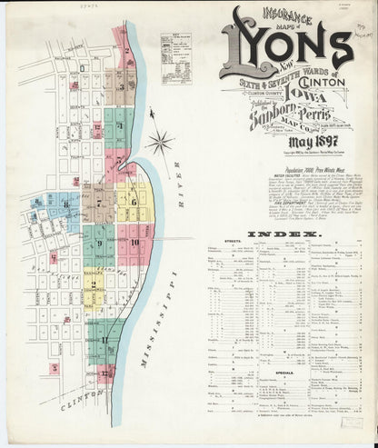 Sanborn Fire Insurance Map from Lyons, Clinton County, Iowa (1897), Sheet #0001 - Historic Sanborn Fire Insurance Map Print, vintage old map wall art