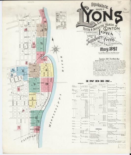 Sanborn Fire Insurance Map from Lyons, Clinton County, Iowa (1897), Sheet #0001 - Historic Sanborn Fire Insurance Map Print, vintage old map wall art