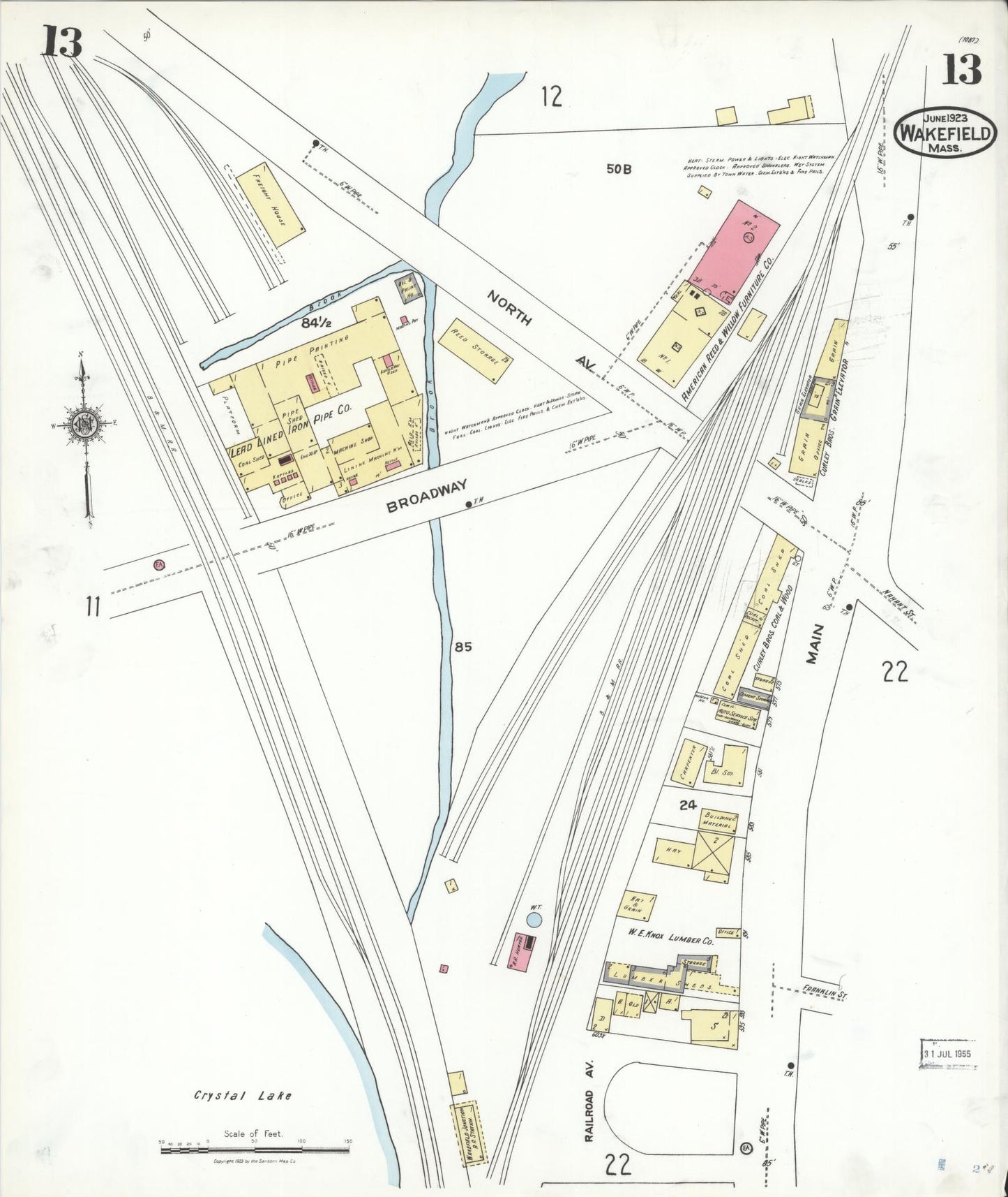 Sanborn Fire Insurance Map from Wakefield, Middlesex County, Massachusetts (1923), Sheet #0013 - Complete Map Set gallery image, historic Sanborn map, vintage wall art, Massachusetts Massachusetts