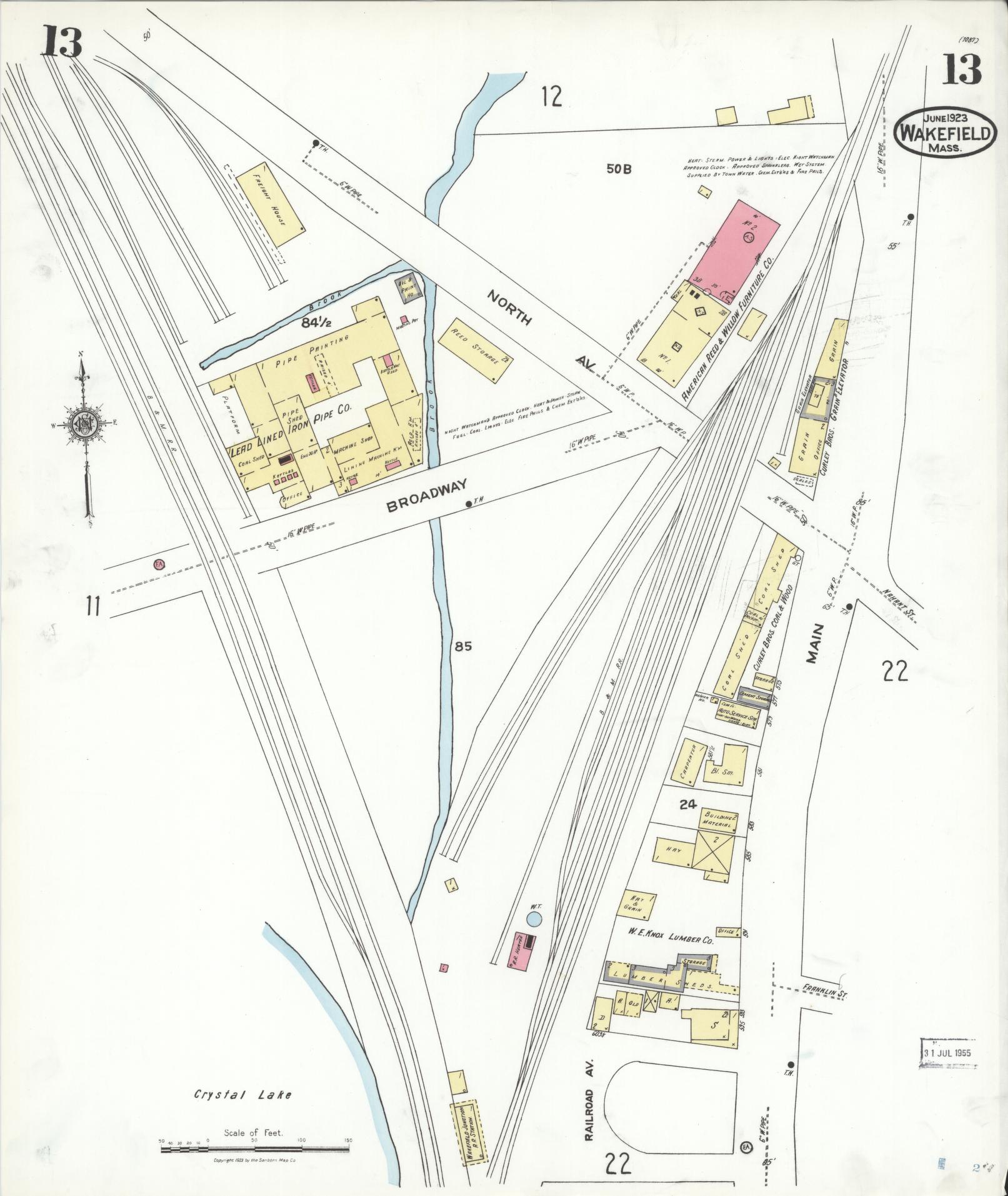 Sanborn Fire Insurance Map from Wakefield, Middlesex County, Massachusetts (1923), Sheet #0013 - Complete Map Set gallery image, historic Sanborn map, vintage wall art, Massachusetts Massachusetts