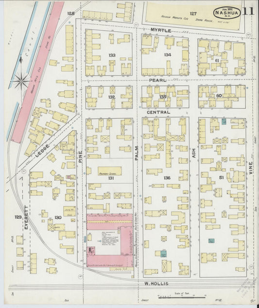 Sanborn Fire Insurance Map from Nashua, Hillsborough County, New Hampshire (1892), Sheet #0011 - Historic Sanborn Fire Insurance Map Print, vintage old map wall art, antique decor, genealogy gift, New Hampshire New Hampshire map