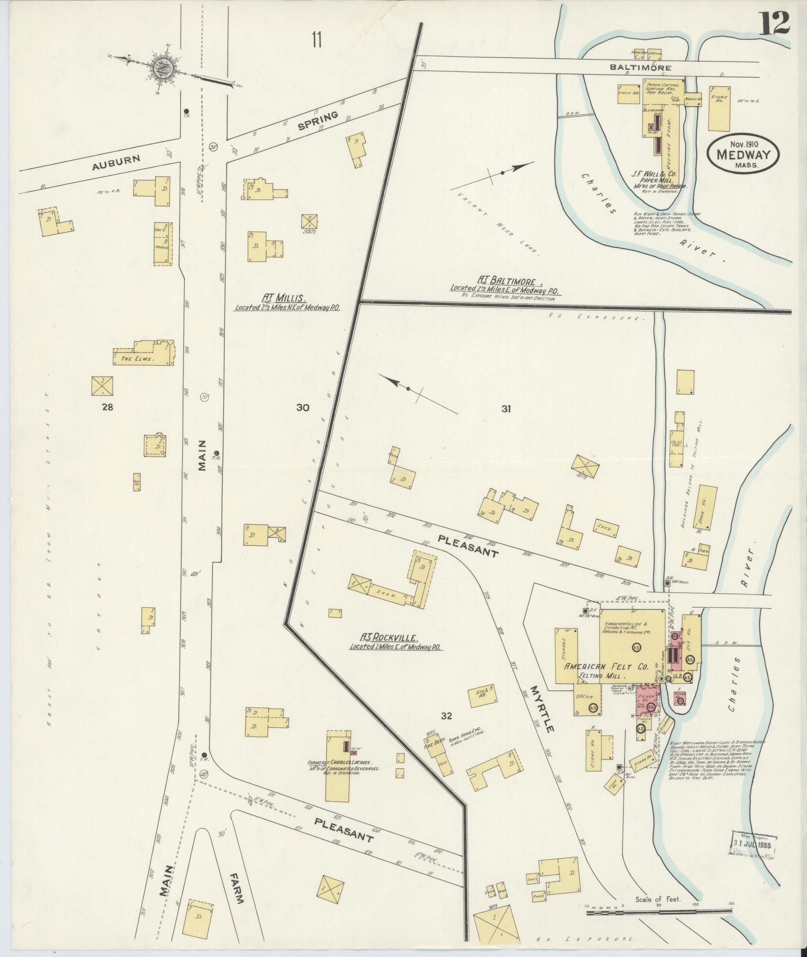 Sanborn Fire Insurance Map from Medway, Norfolk County, Massachusetts (1910), Sheet #0012 - Historic Sanborn Fire Insurance Map Print, vintage old map wall art, antique decor, genealogy gift, Massachusetts Massachusetts map