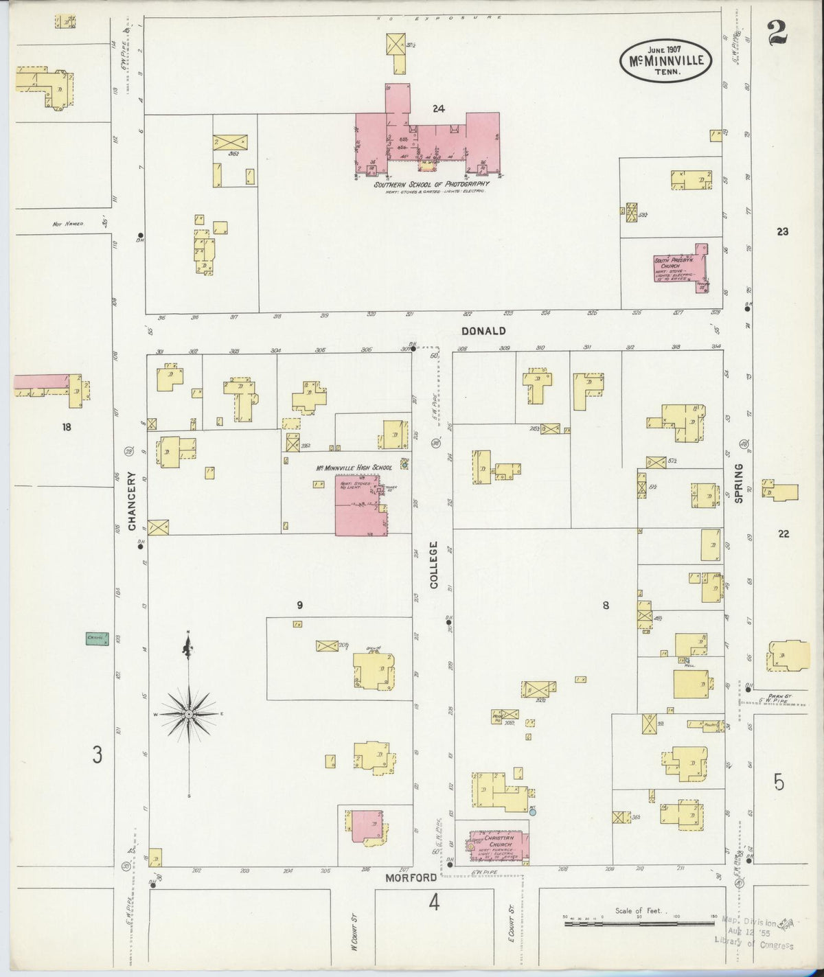 Sanborn Fire Insurance Map from McMinnville, Warren County, Tennessee (1907), Sheet #0002 - Complete Map Set gallery image, historic Sanborn map, vintage wall art, Tennessee Tennessee